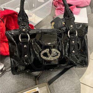 Black Patent Satchel Handbag with Crystal Accent